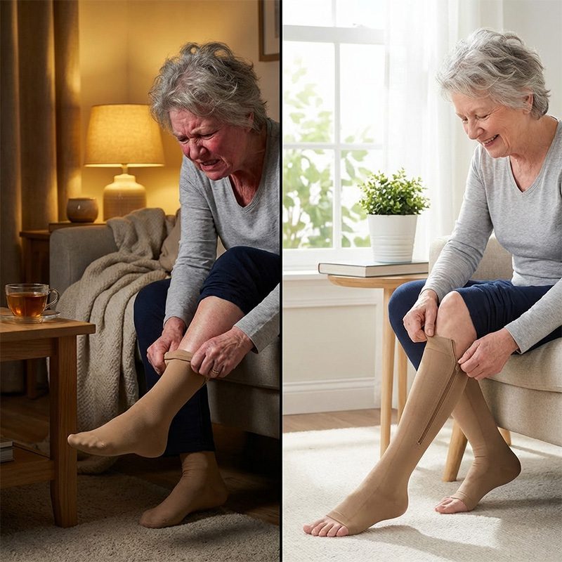 comparison between struggling with compression socks and zip compresion socks